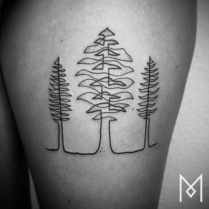 Abstract style black ink thigh tattoo of trees
