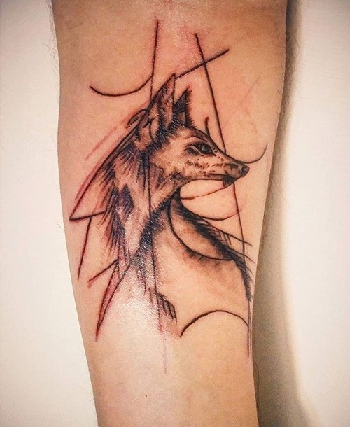 Abstract style black ink unusual forearm tattoo of fox pattern