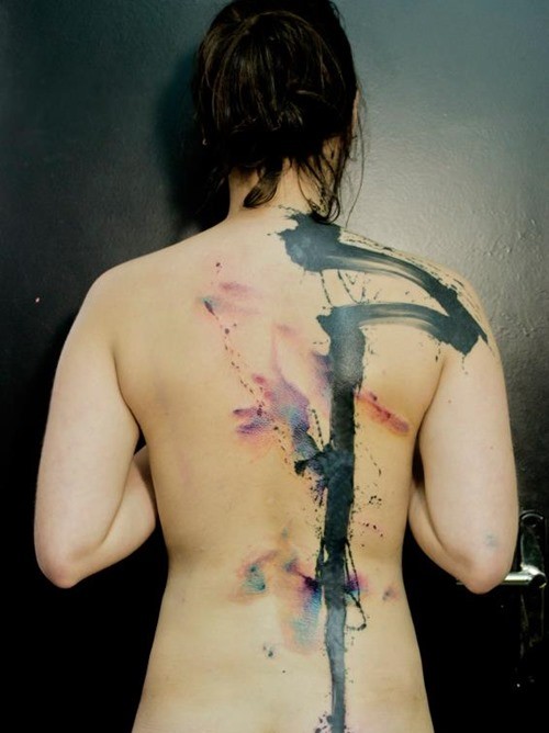 Abstract style black ink whole back tattoo of mysterious symbol