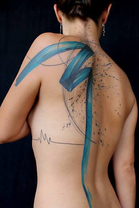 Abstract style blue colored big tattoo on whole back
