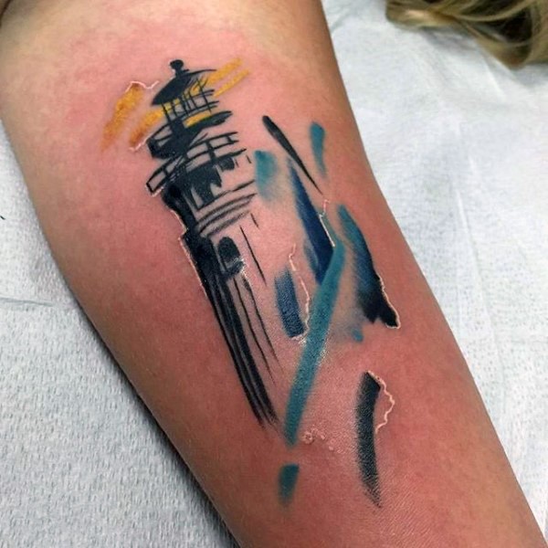 Abstract style colored arm tattoo of lighthouse