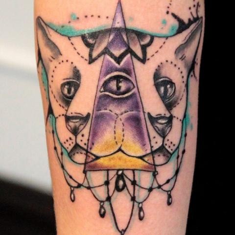 Abstract style colored arm tattoo of mystical cat with triangle