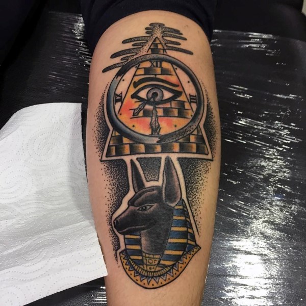 Abstract style colored arm tattoo of mystical Egypt symbols
