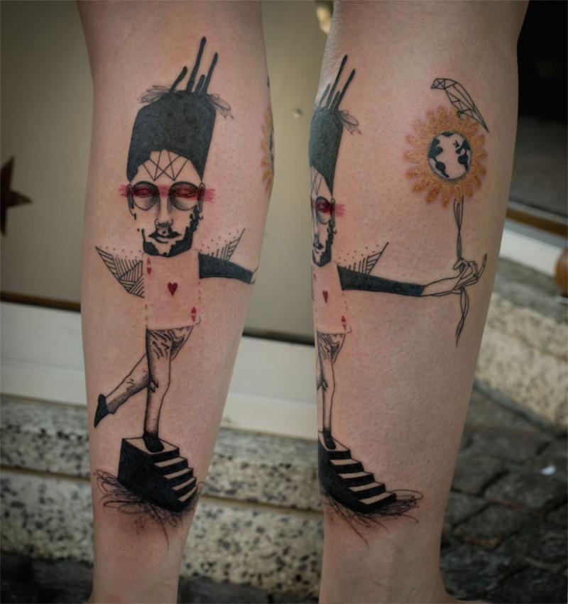 Abstract style colored arm tattoo of funny man