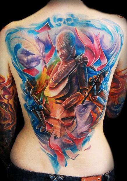 Abstract style colored back tattoo of mystical looking figure with feather