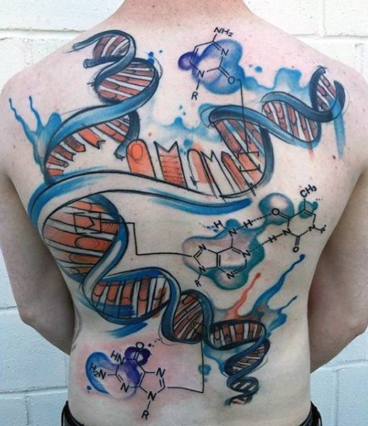 Abstract style colored back tattoo of DNA with formulas