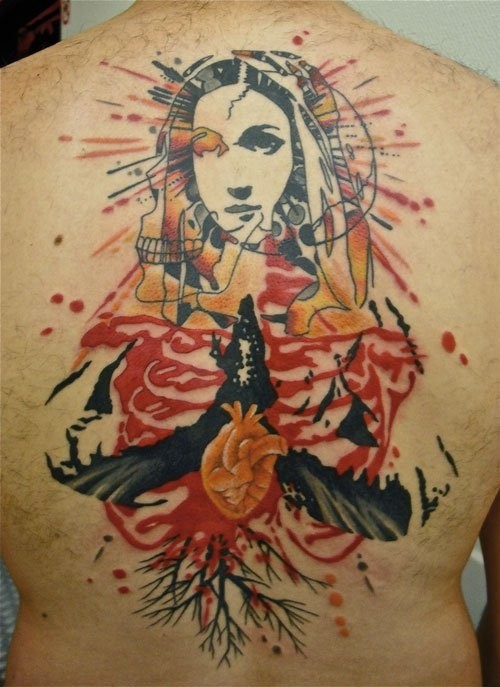 Abstract style colored back tattoo of human skull with religious woman
