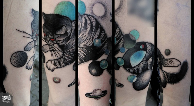 Abstract style colored cat with planets tattoo