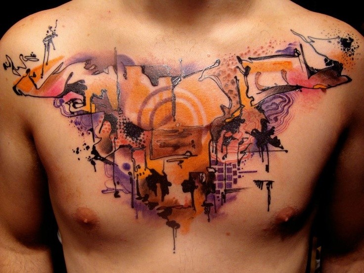 Abstract style colored chest tattoo