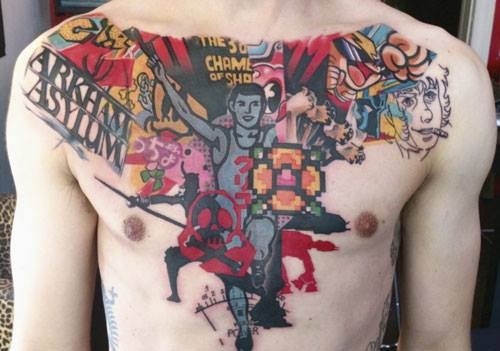 Abstract style colored chest tattoo of various comic books heroes