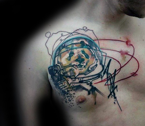 Abstract style colored chest tattoo of bear in space suit