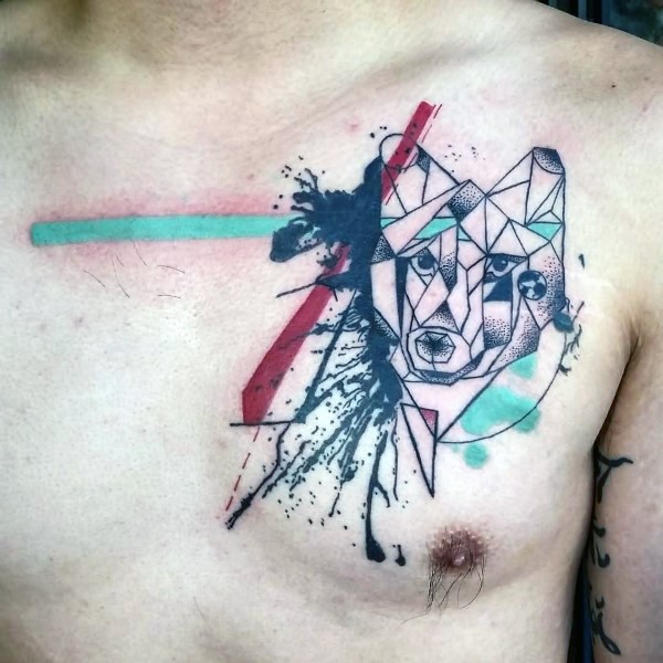 Abstract style colored chest tattoo of wolf head with ornaments