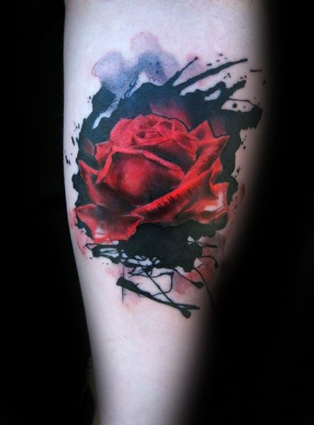 Abstract style colored forearm tattoo of red rose
