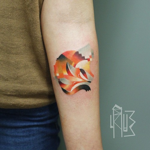Abstract style colored forearm tattoo of sleeping fox