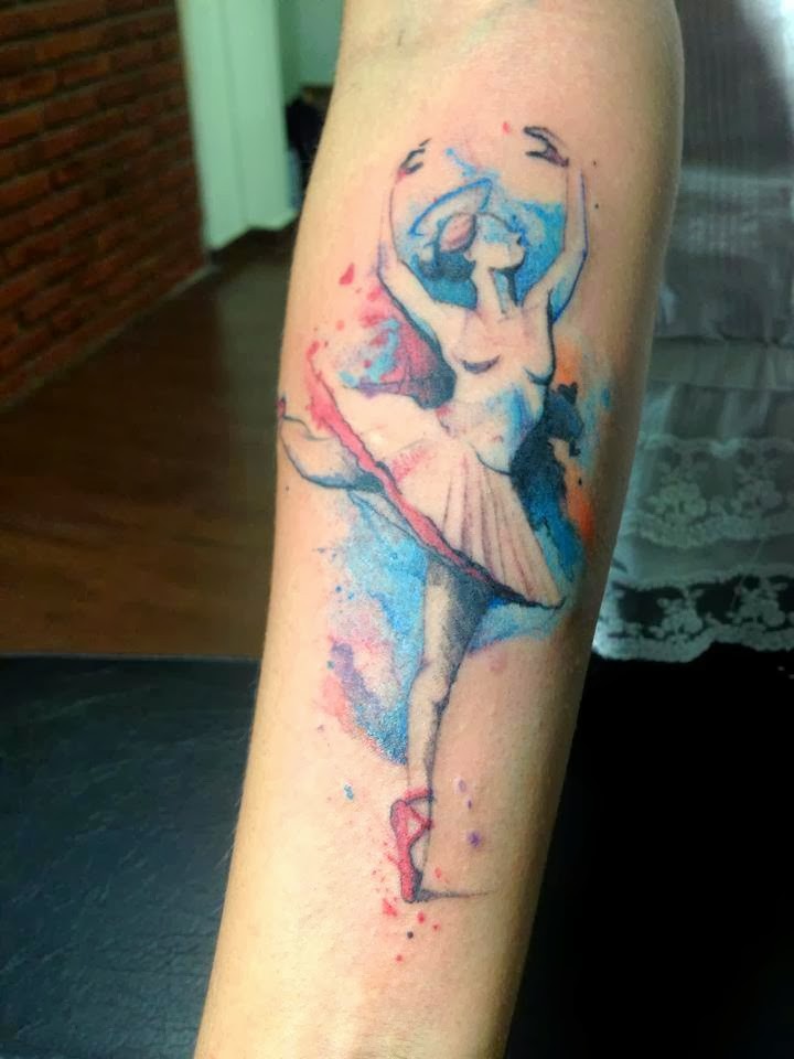 Abstract style colored forearm tattoo of ballet dancer