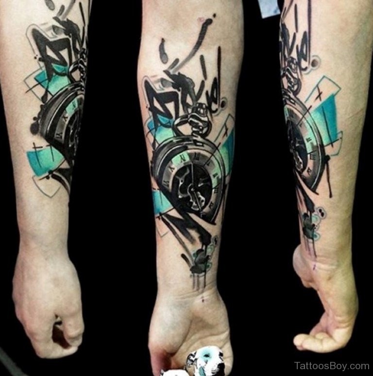 Abstract style colored forearm tattoo of big clock with graffiti