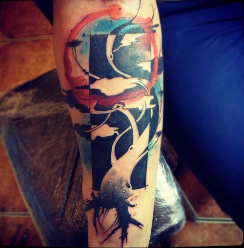 Abstract style colored forearm tattoo of tree with ornaments