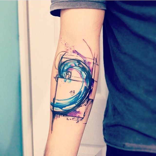 Abstract style colored forearm tattoo of watercolor like wave