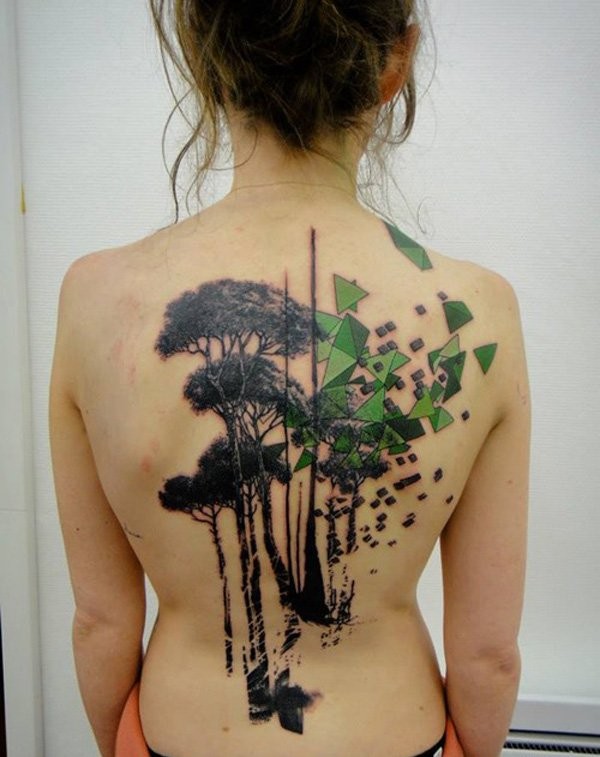 Abstract style colored forest with geometric figures tattoo on whole back