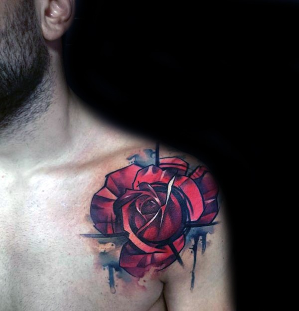 Abstract style colored large rose tattoo on shoulder
