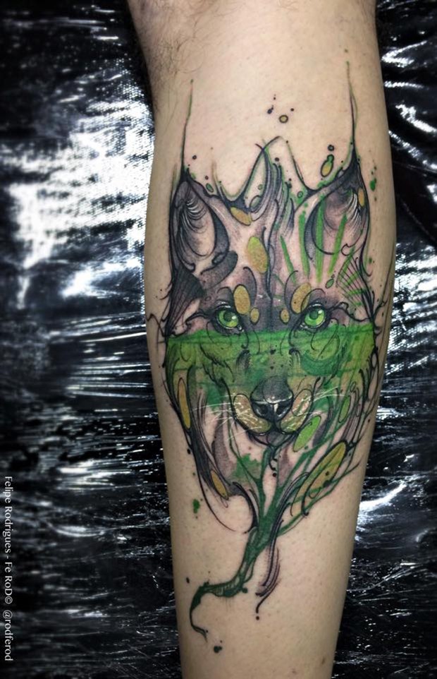 Abstract style colored leg tattoo of cool wolf with poison water