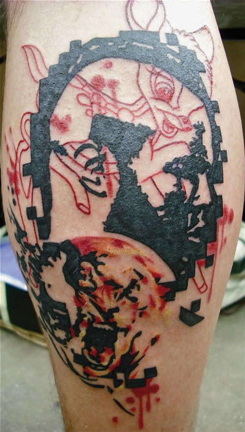 Abstract style colored leg tattoo of mans head with moon