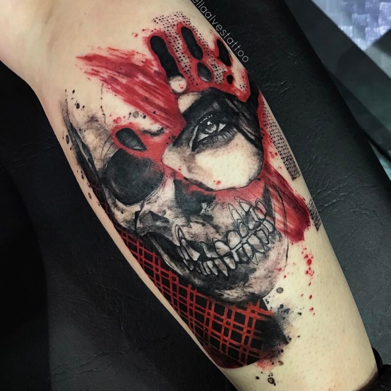 Estilo abstrato colorido tatuagem de perna do crânio com a mão de impressão