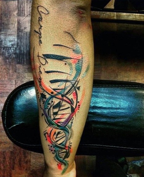 Abstract style colored musical DNA tattoo with lettering on arm