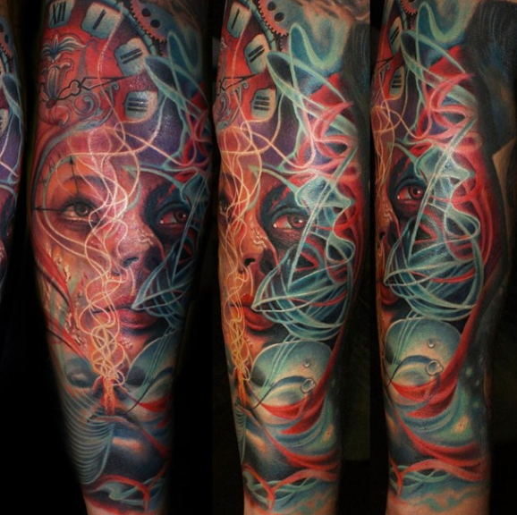 Abstract style colored mystical woman with clock tattoo on sleeve