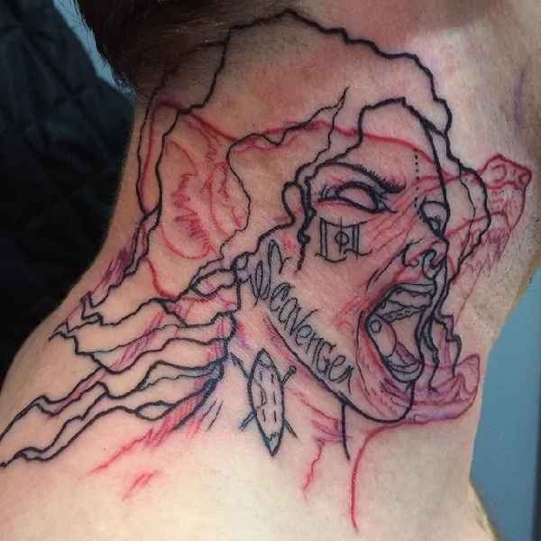 Abstract style colored neck tattoo of woman with bear