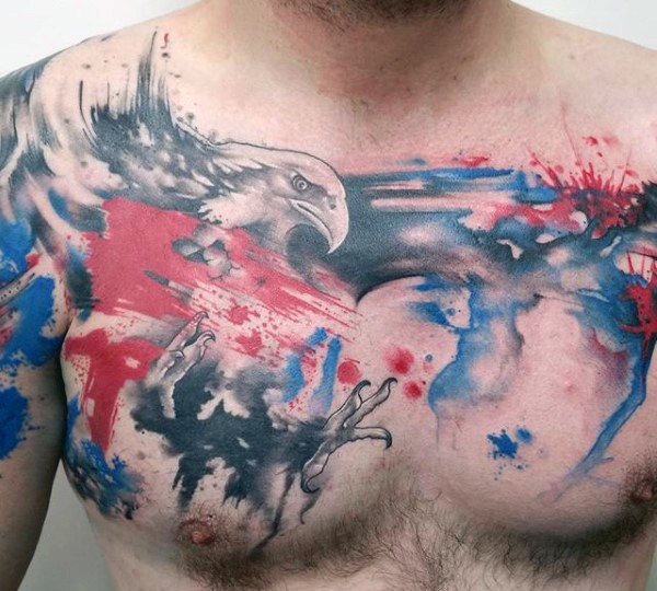 Abstract style colored realistic eagle tattoo on chest