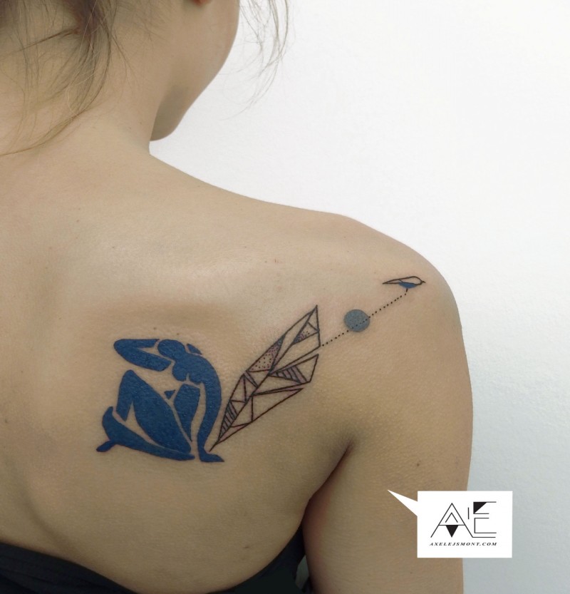Abstract style colored scapular tattoo of woman shaped figure with ornaments