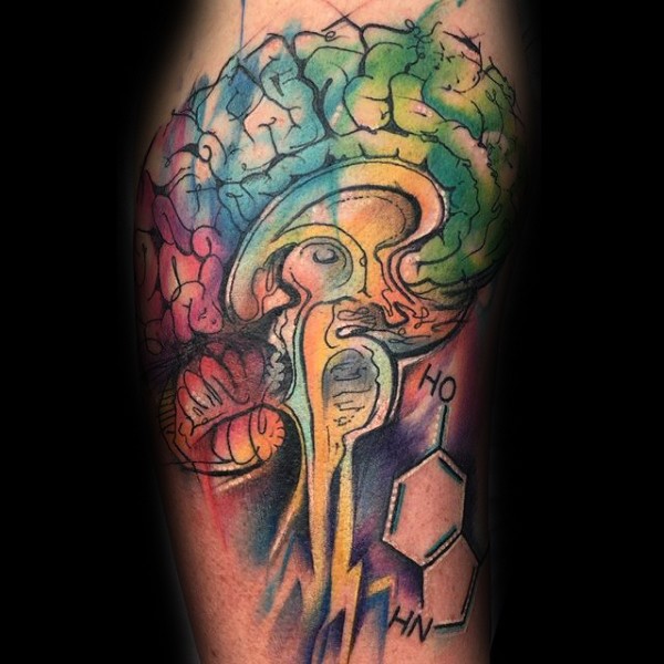 Abstract style colored shoulder tattoo fo human brain with chemistry chain