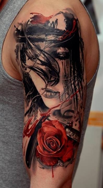 Abstract style colored shoulder tattoo of woman with roses