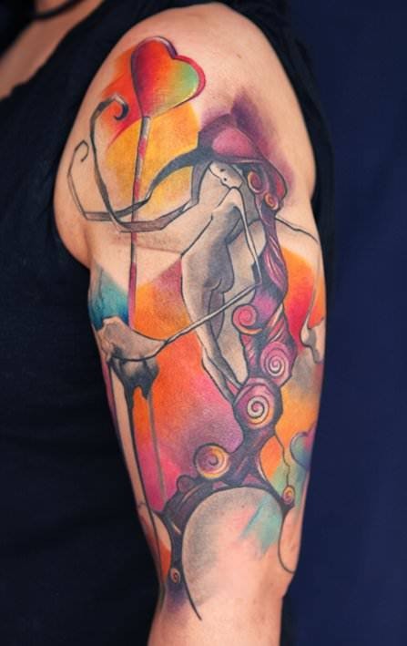 Abstract style colored shoulder tattoo of fantasy woman
