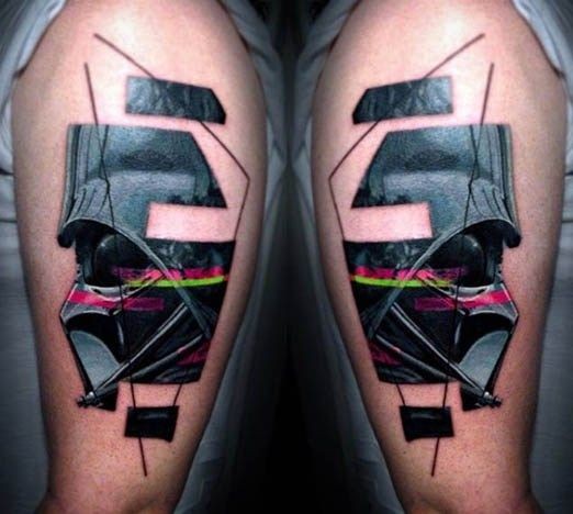 Abstract style colored shoulder tattoo of Darth Vader