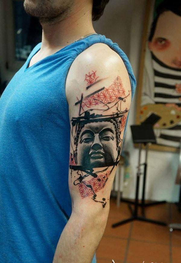 Abstract style colored shoulder tattoo of Buddha statue