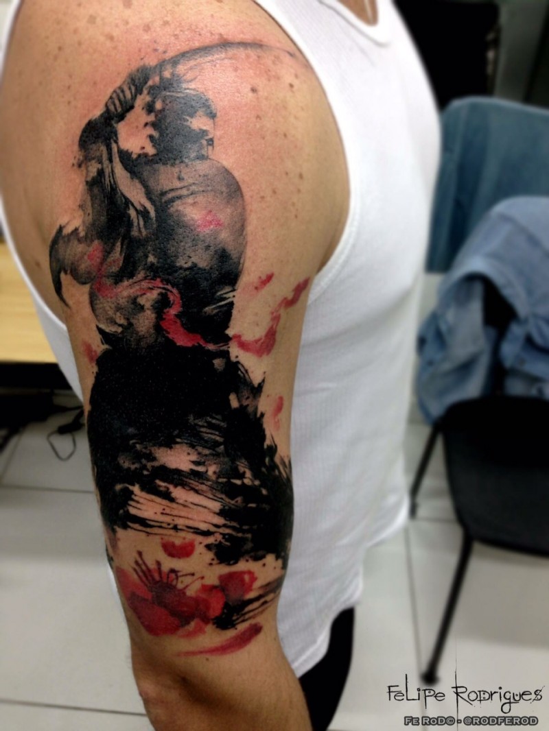Abstract style colored shoulder tattoo of samurai warrior