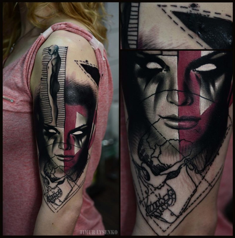 Abstract style colored shoulder tattoo of demonic woman face with human and skull