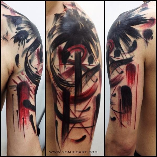 Abstract style colored shoulder tattoo of mystical symbols