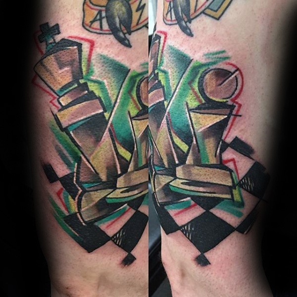 Abstract style colored shoulder tattoo of chess figures