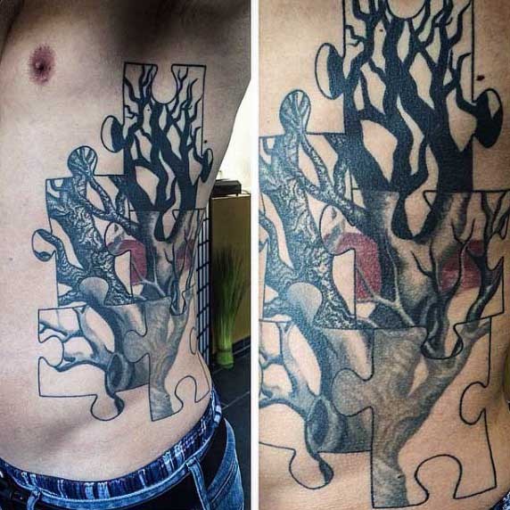 Abstract style colored side tattoo of puzzle with trees