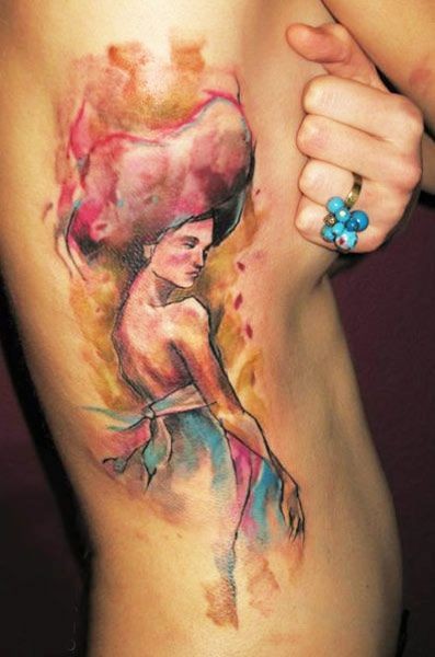 Abstract style colored side tattoo of beautiful woman with red hair
