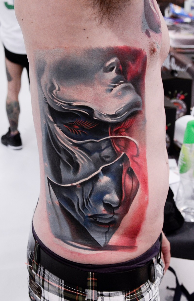 Abstract style colored side tattoo of mystical woman face