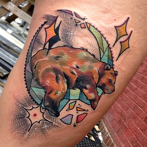 Abstract style colored tattoo of bear with stars