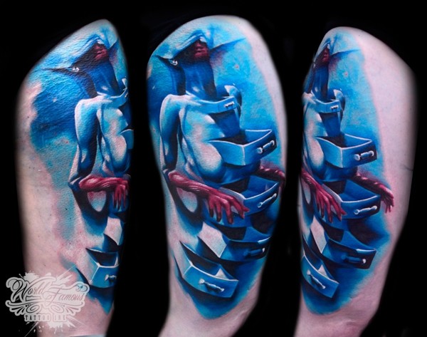 Abstract style colored tattoo of fantasy monster with drawers