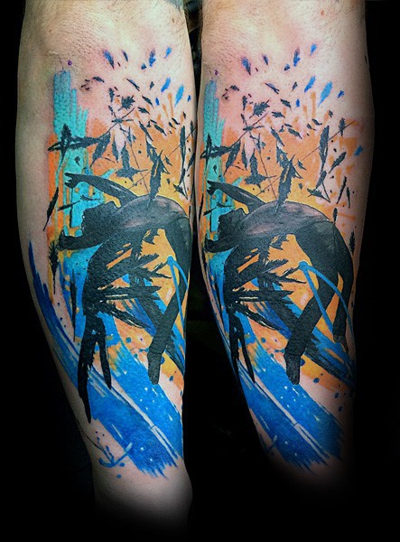 Abstract style colored tattoo of Icarus with birds