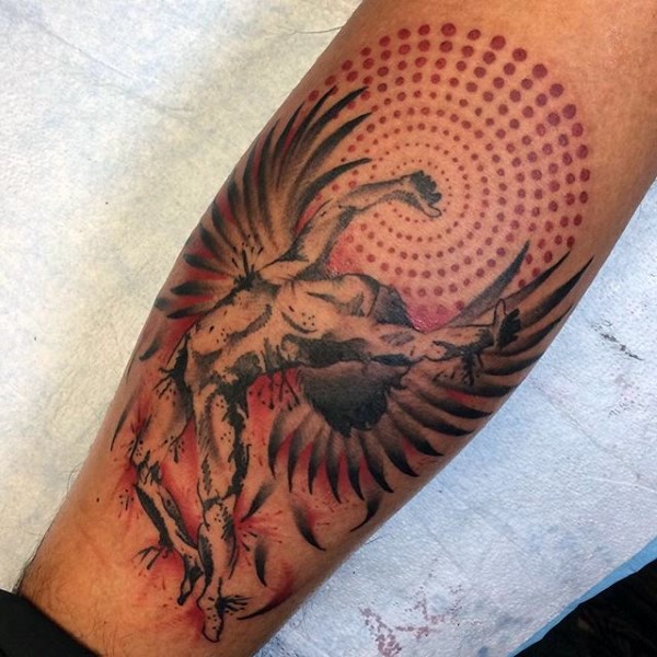 Abstract style colored tattoo of Icarus with ornamental sun