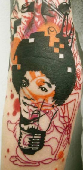 Abstract style colored tattoo of old famous singer and ornaments