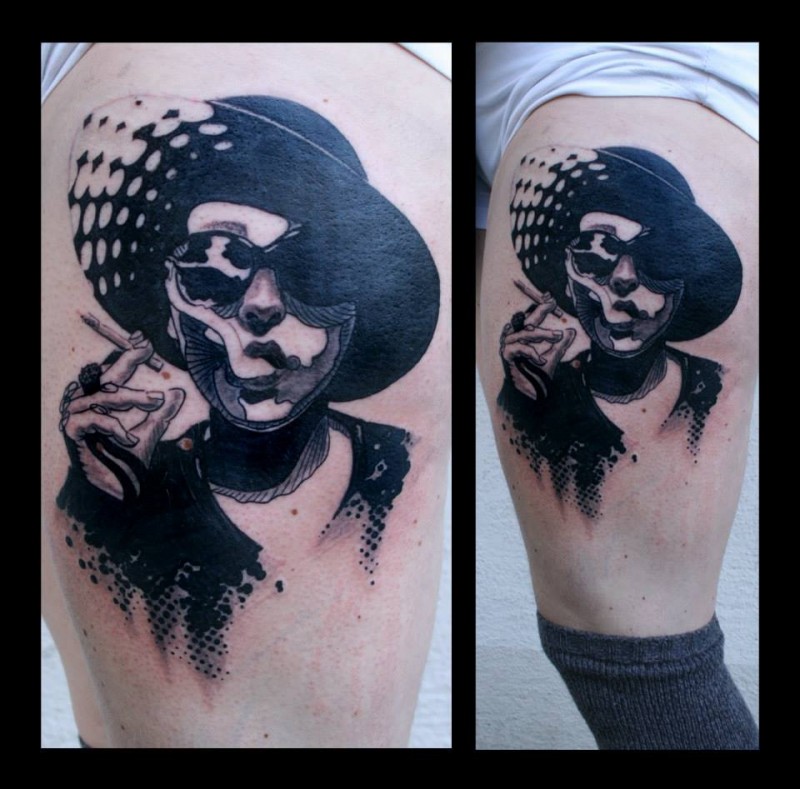 Abstract style colored tattoo of smoking man